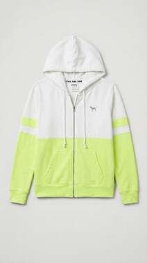 PINK Victoria's Secret White and Neon Green Colorblock Full-Zip Hoodie